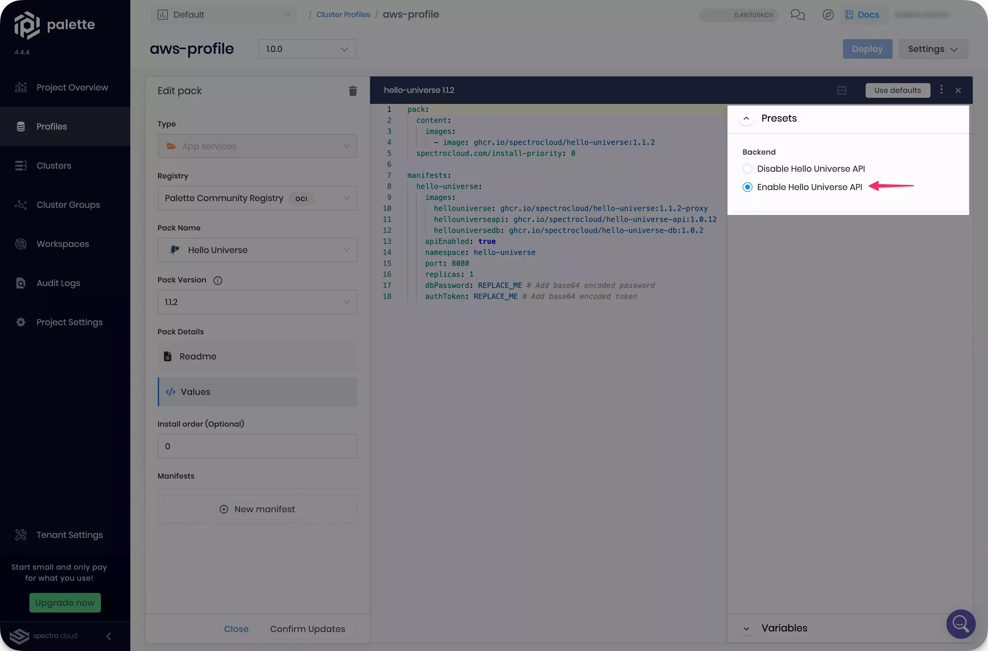 Screenshot of pack presets