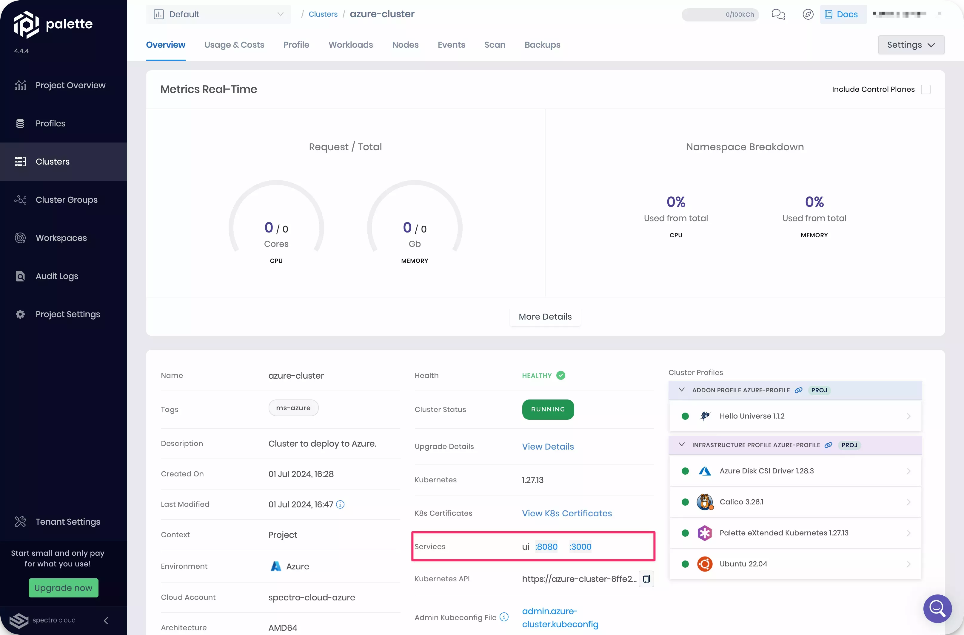 Cluster details page with service URL highlighted