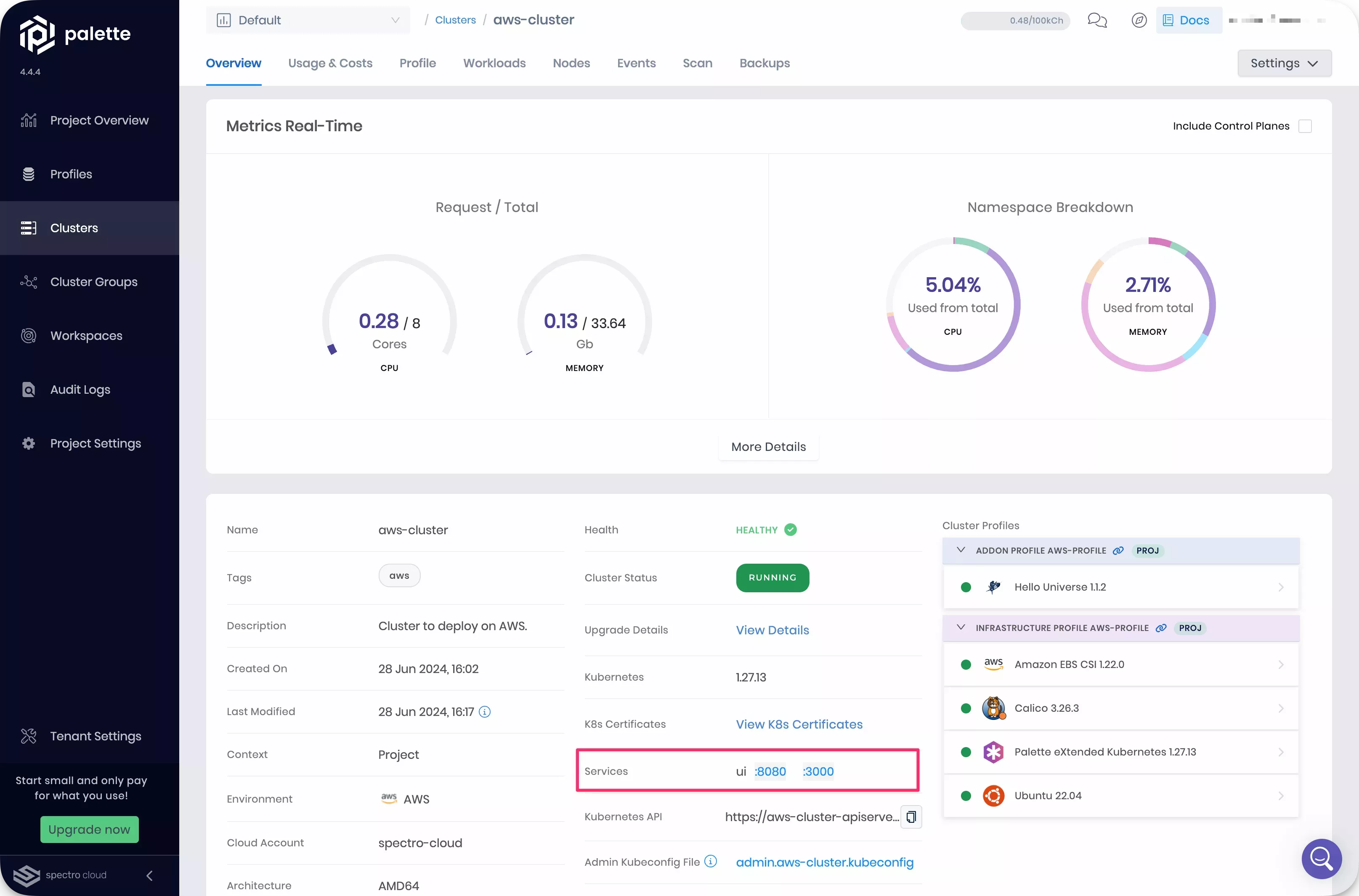 Cluster details page with service URL highlighted