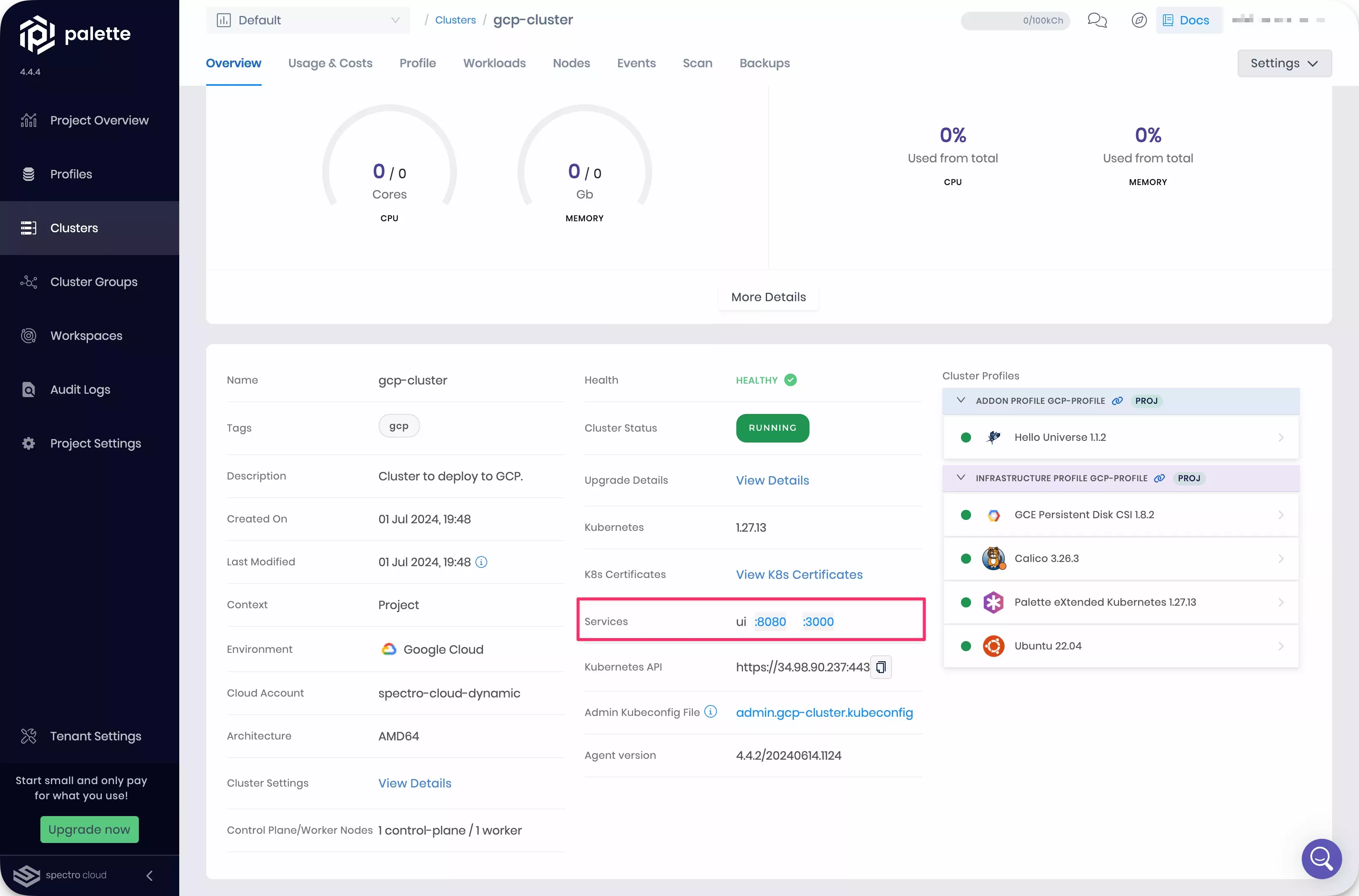 Cluster details page with service URL highlighted