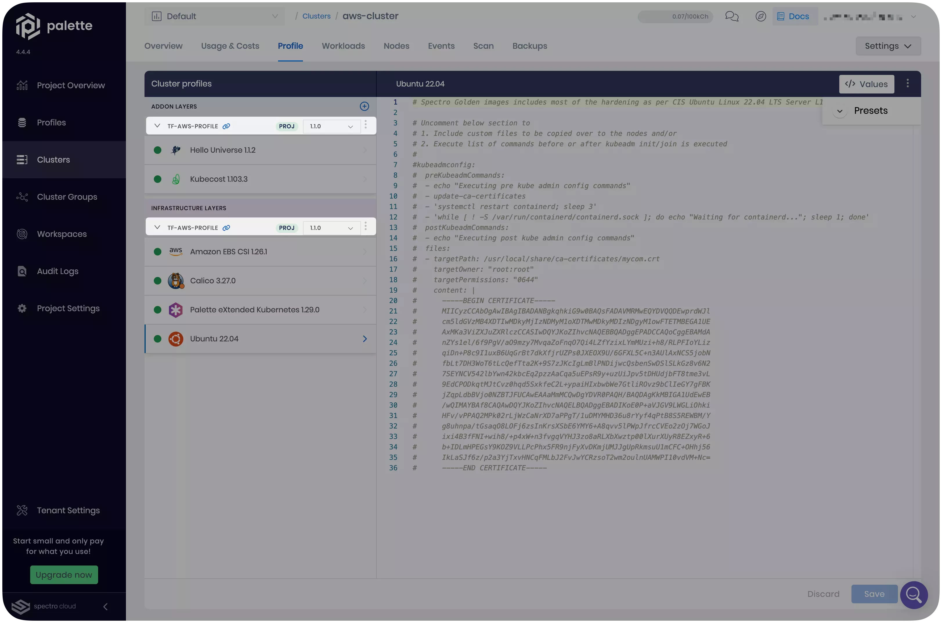 Image that shows the new cluster profile version with Kubecost