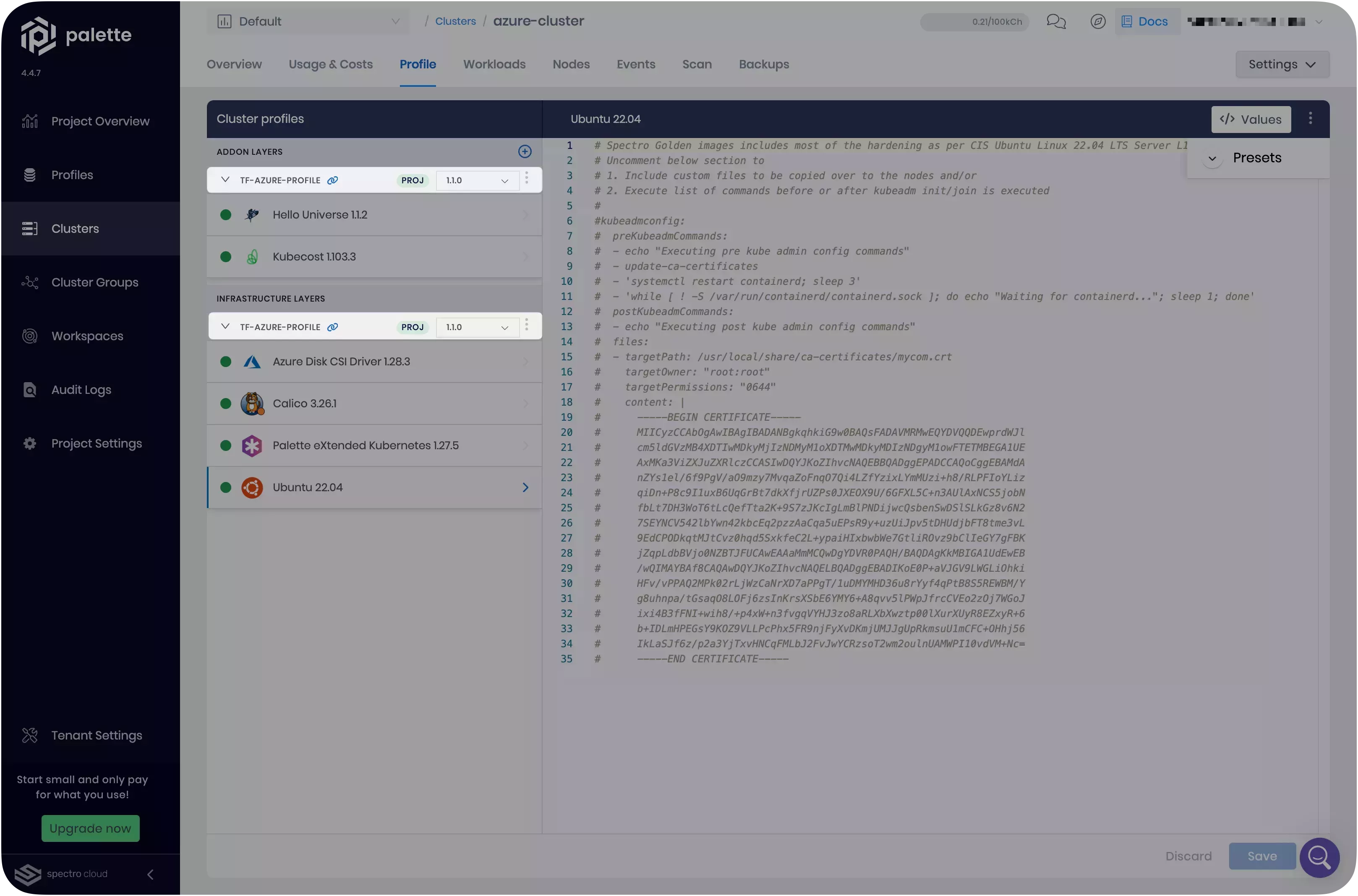 Image that shows the new cluster profile version with Kubecost