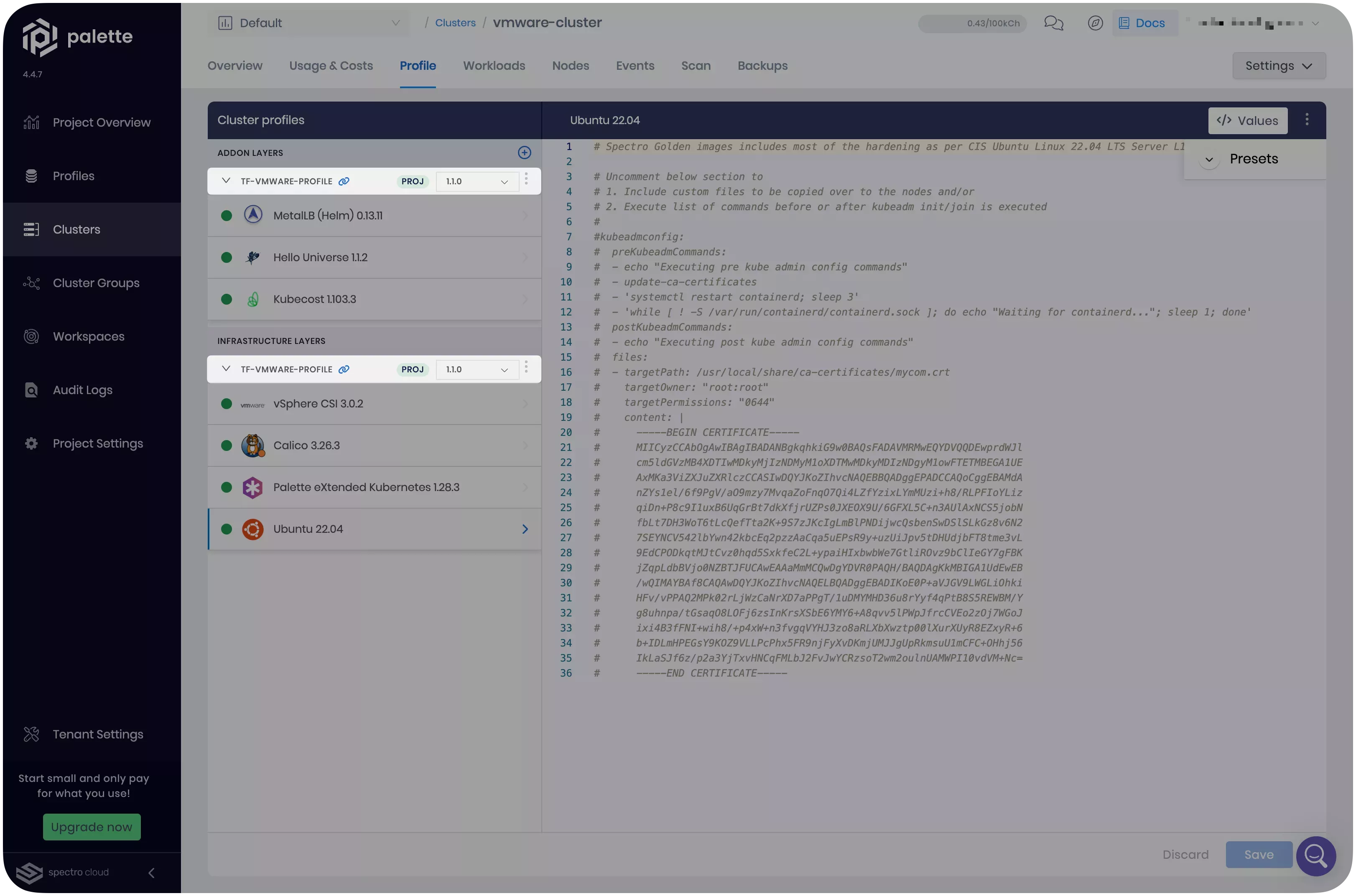Image that shows the new cluster profile version with Kubecost