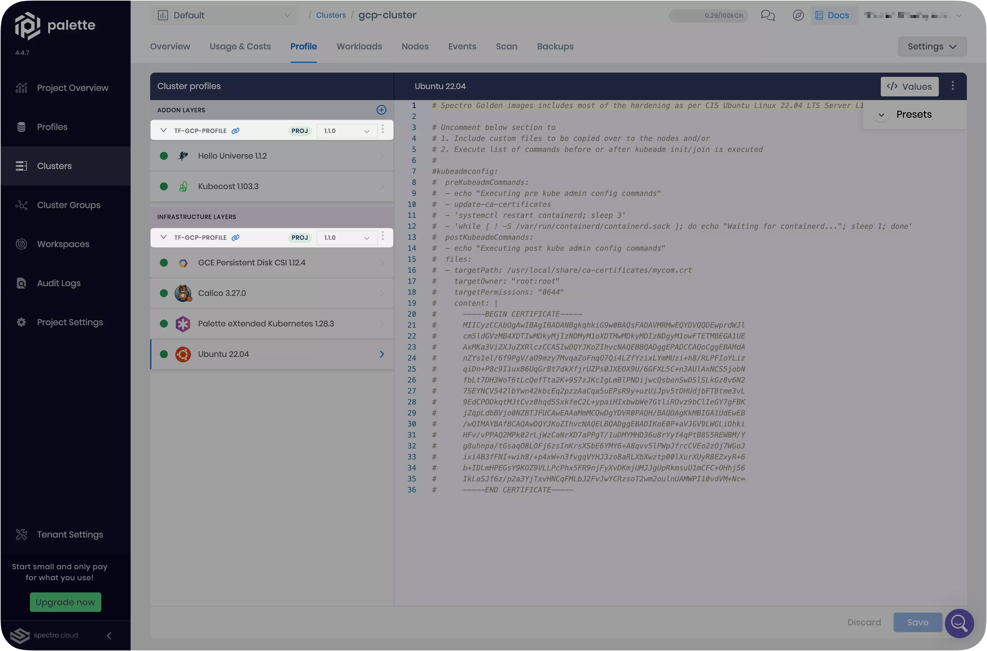 Image that shows the new cluster profile version with Kubecost