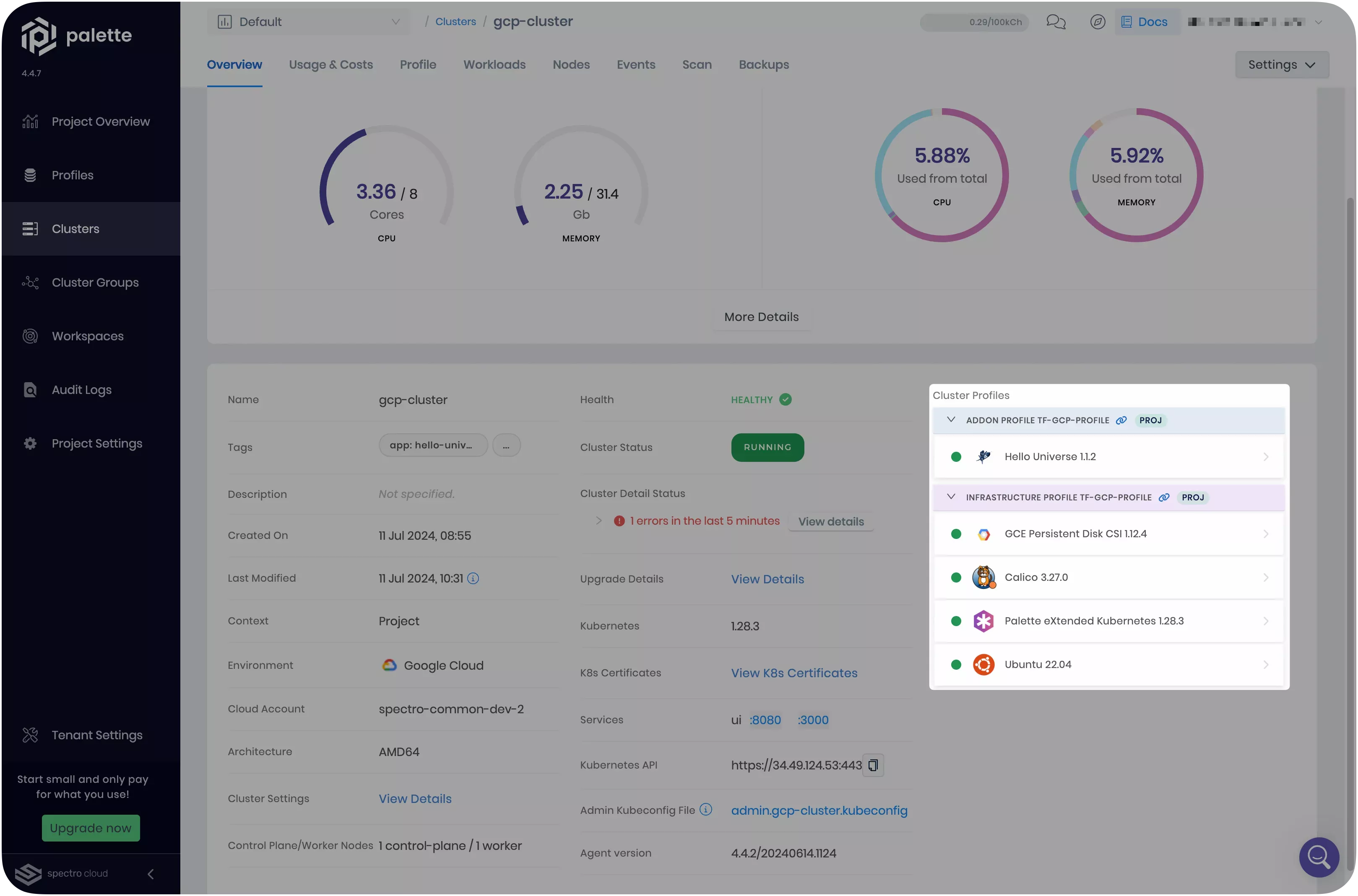 Image that shows the cluster using version 1.0.0 of the cluster profile