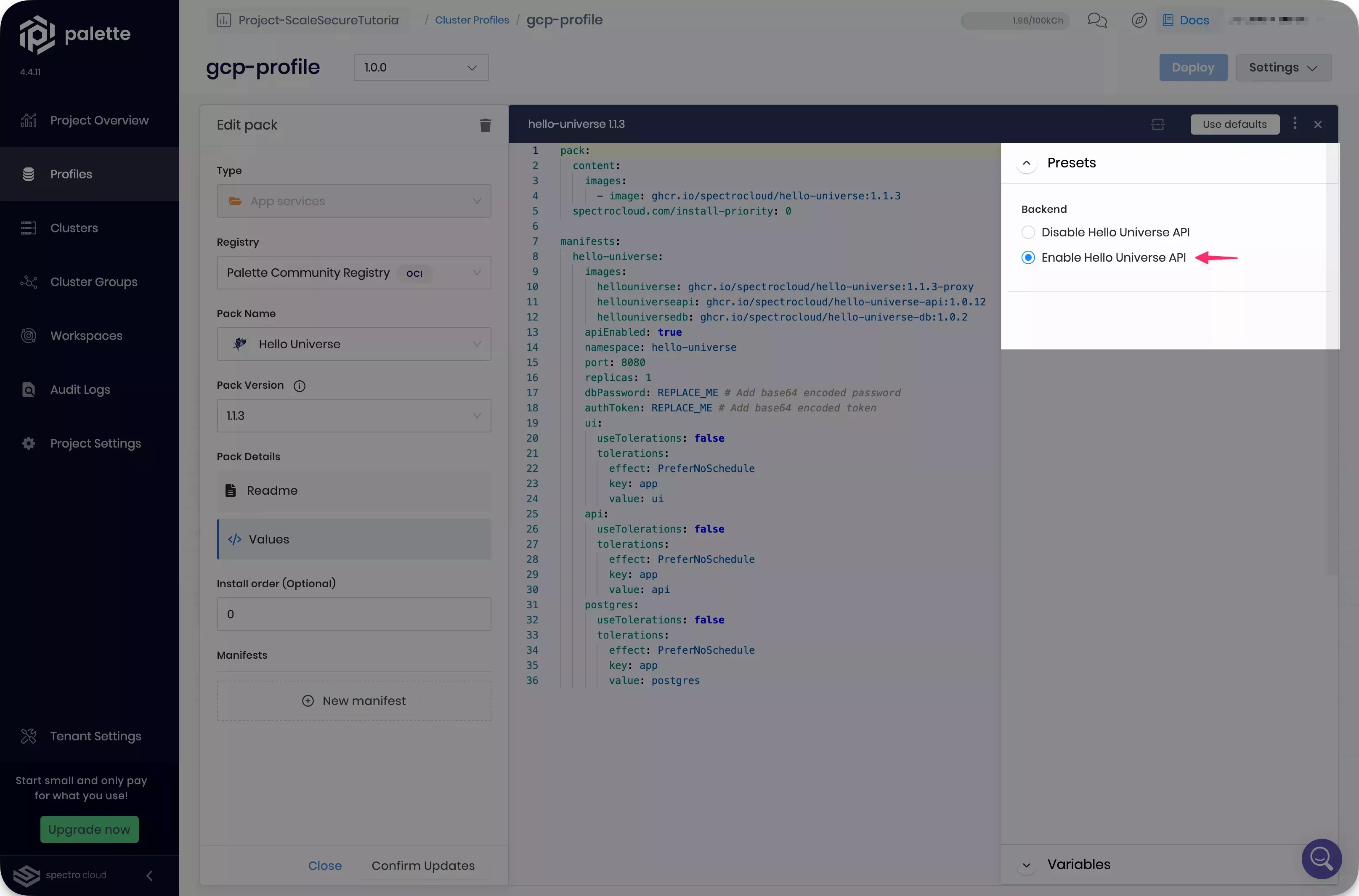 Screenshot of pack presets