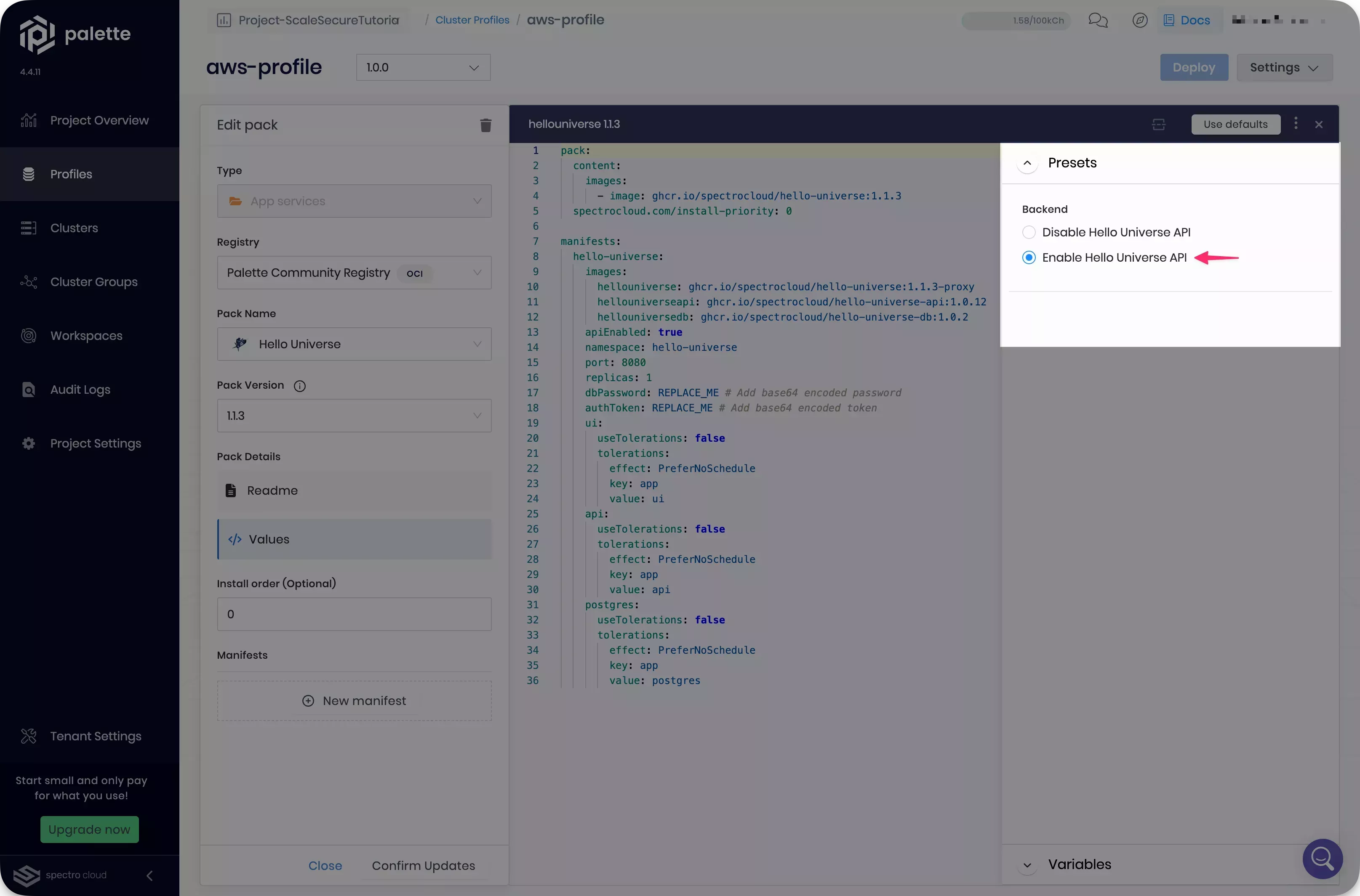 Screenshot of pack presets