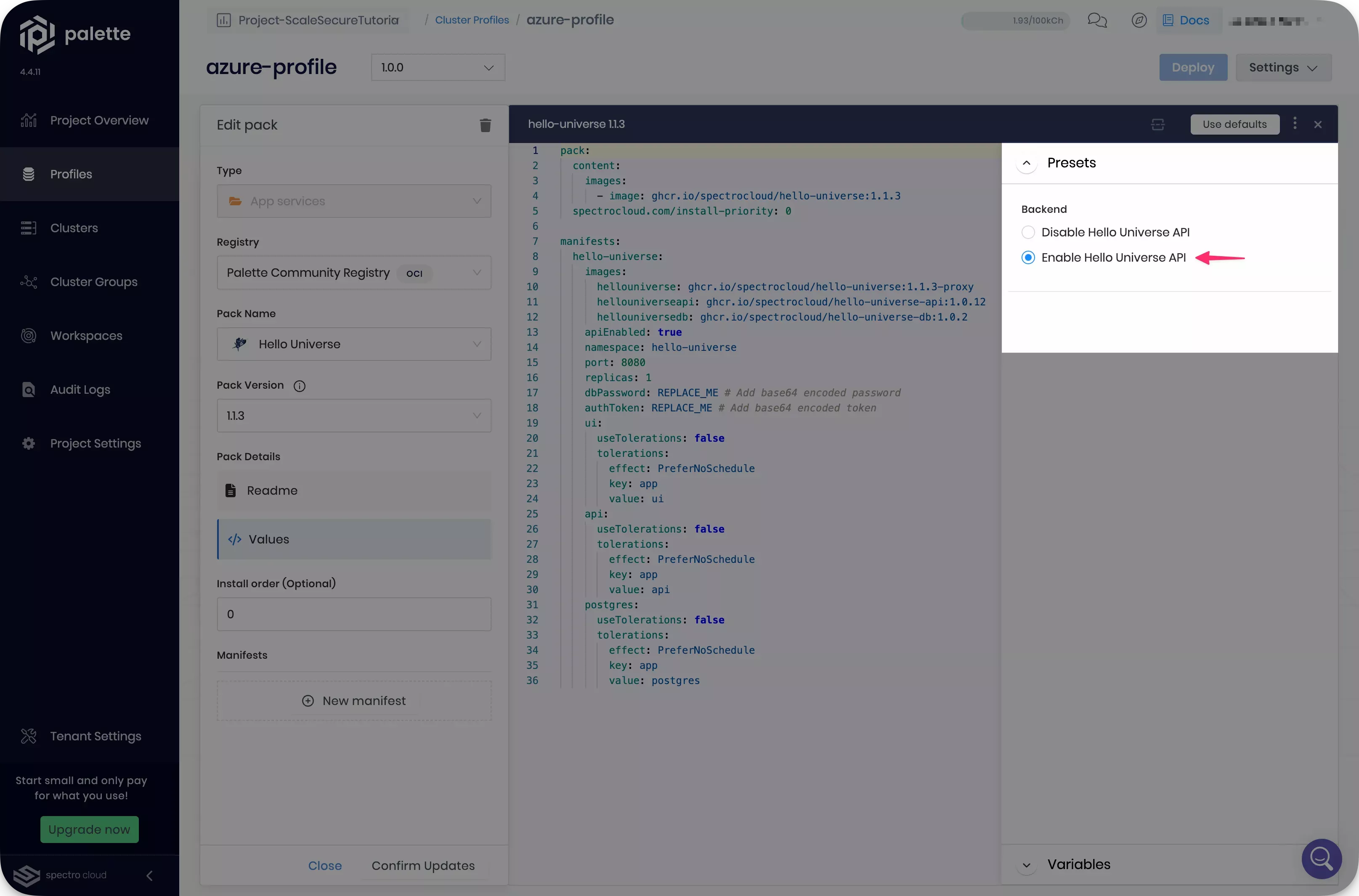 Screenshot of pack presets