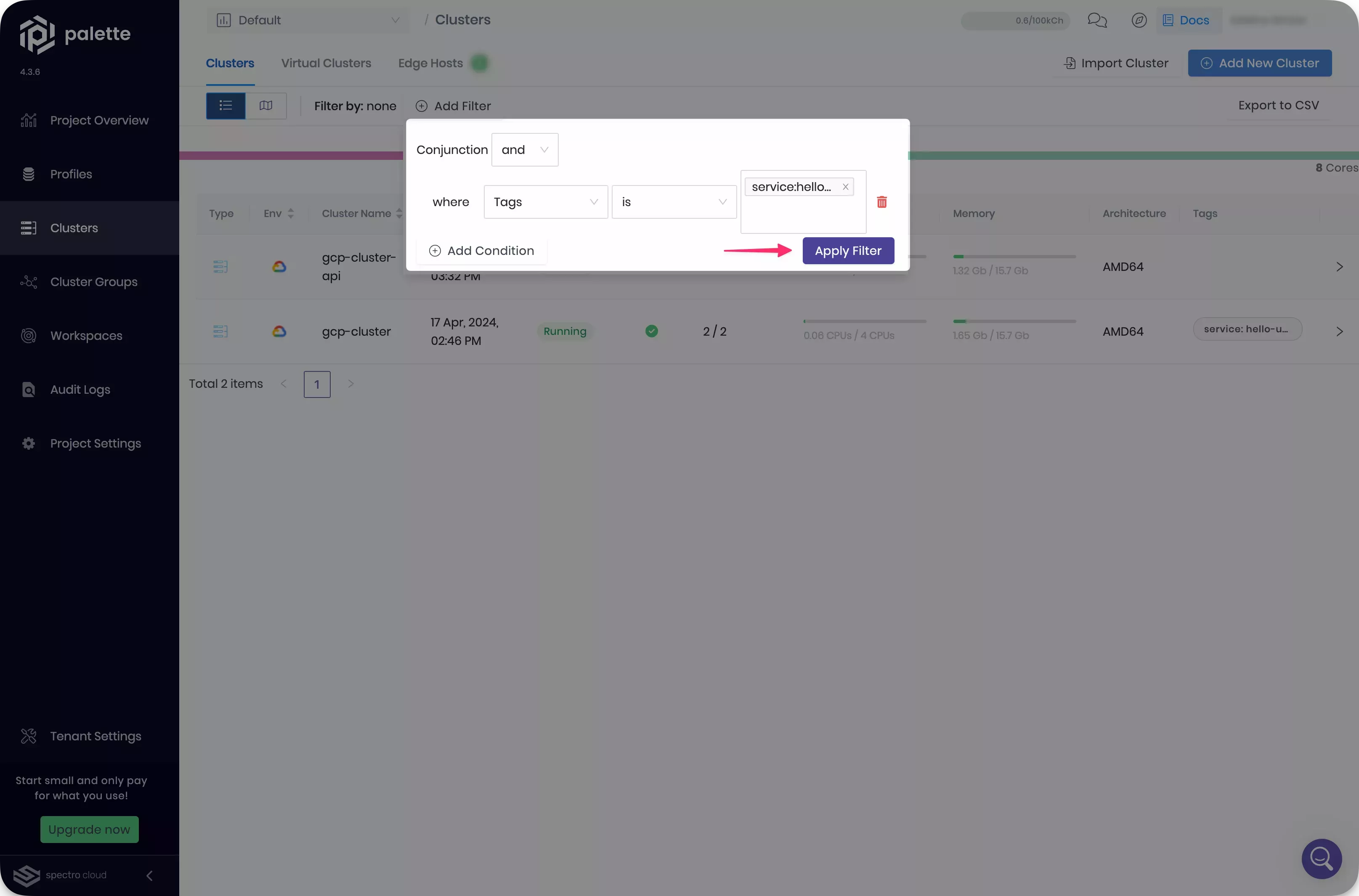 Image that shows how to add a frontend service filter