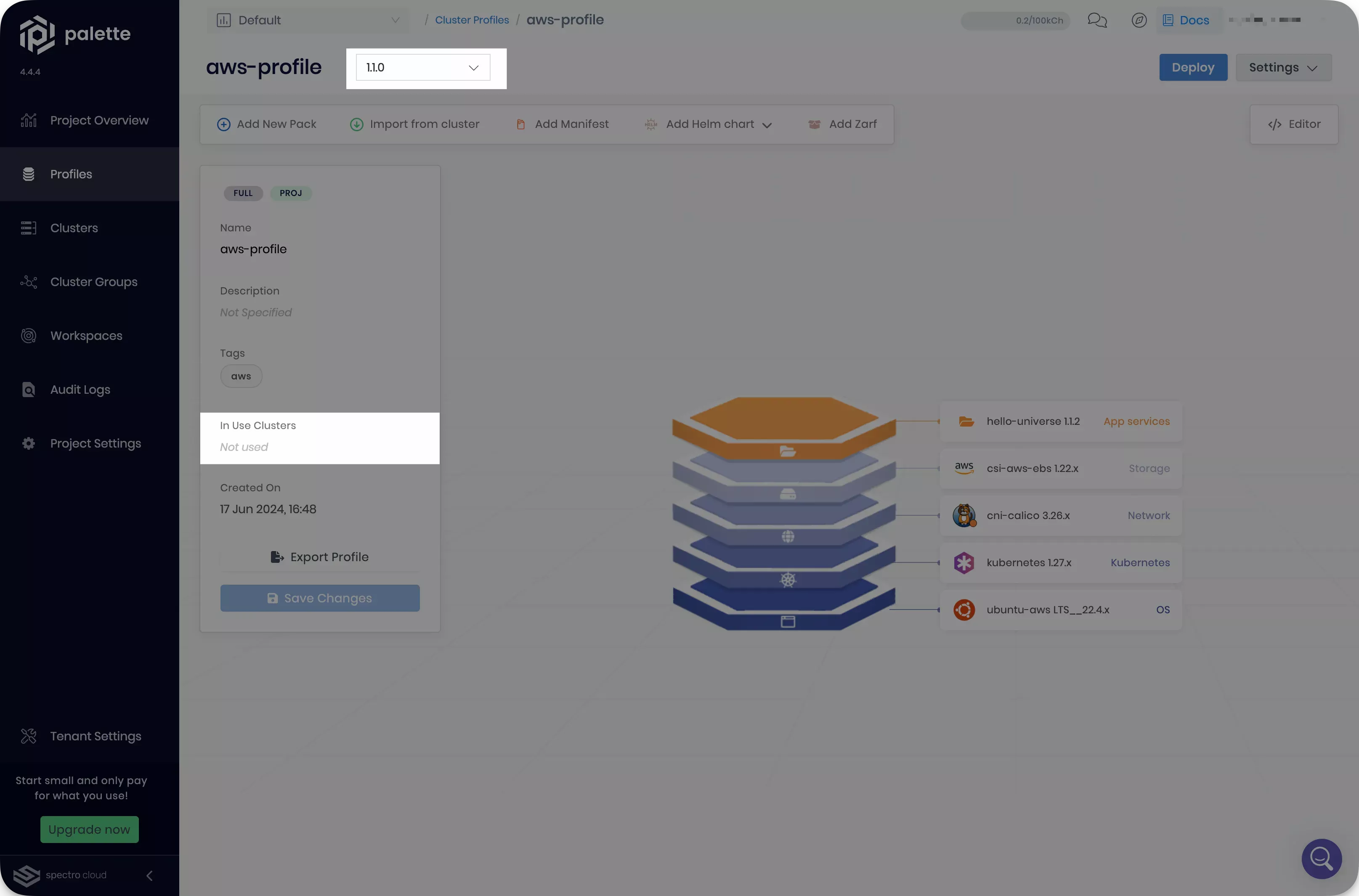 Image that shows cluster profile version 1.1.0