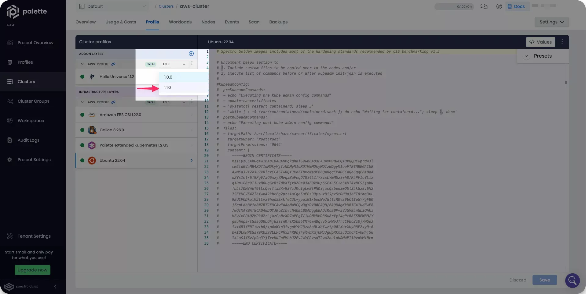 Image that shows how to select a new profile version for the cluster