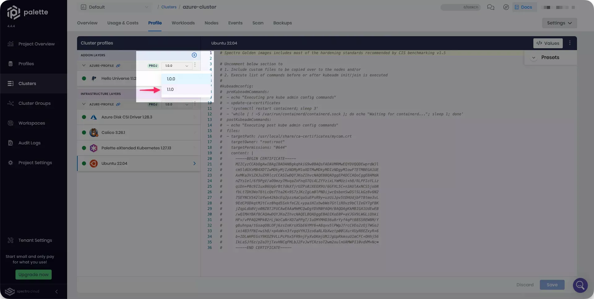 Image that shows how to select a new profile version for the cluster