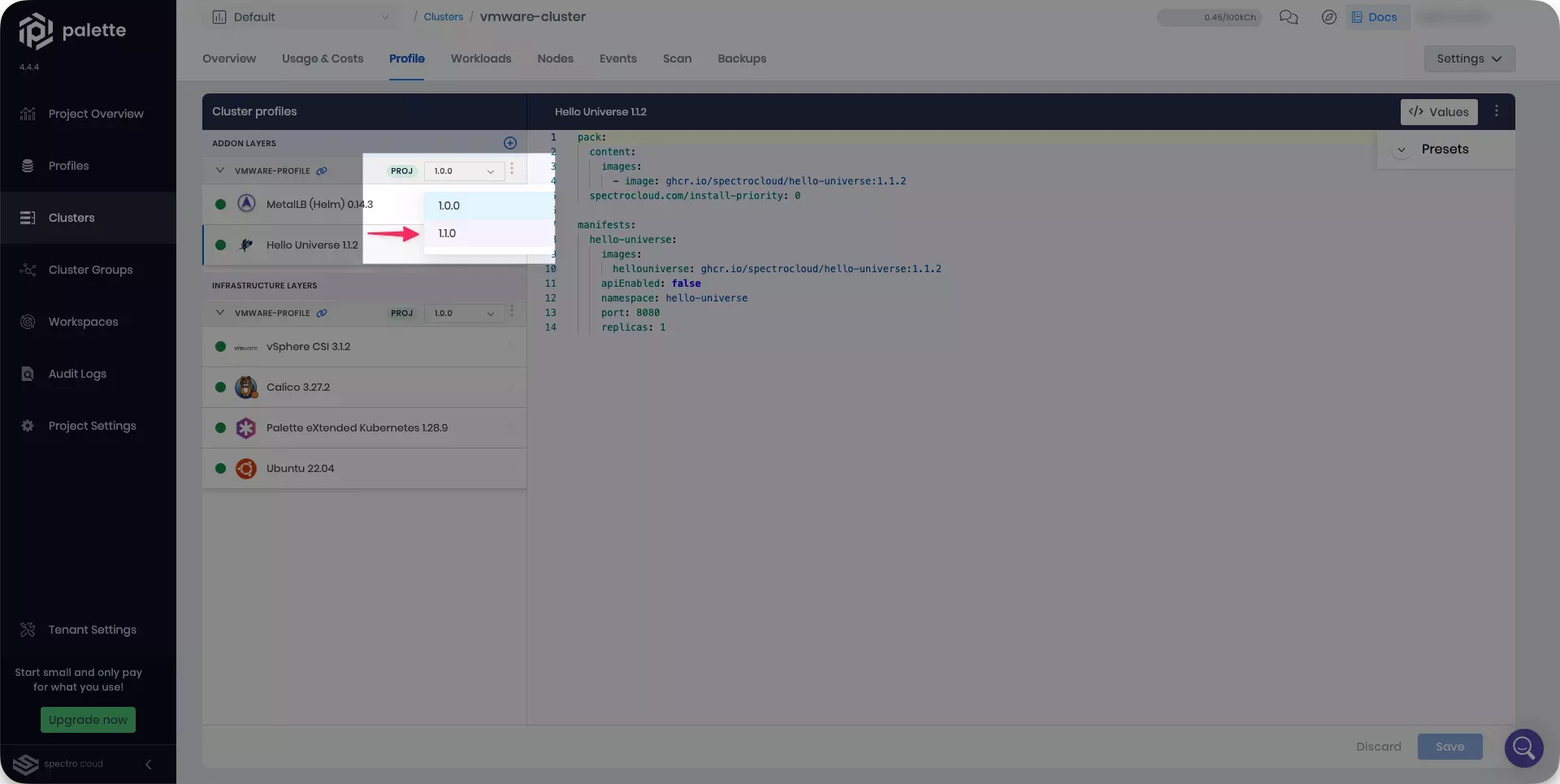 Image that shows how to select a new profile version for the cluster