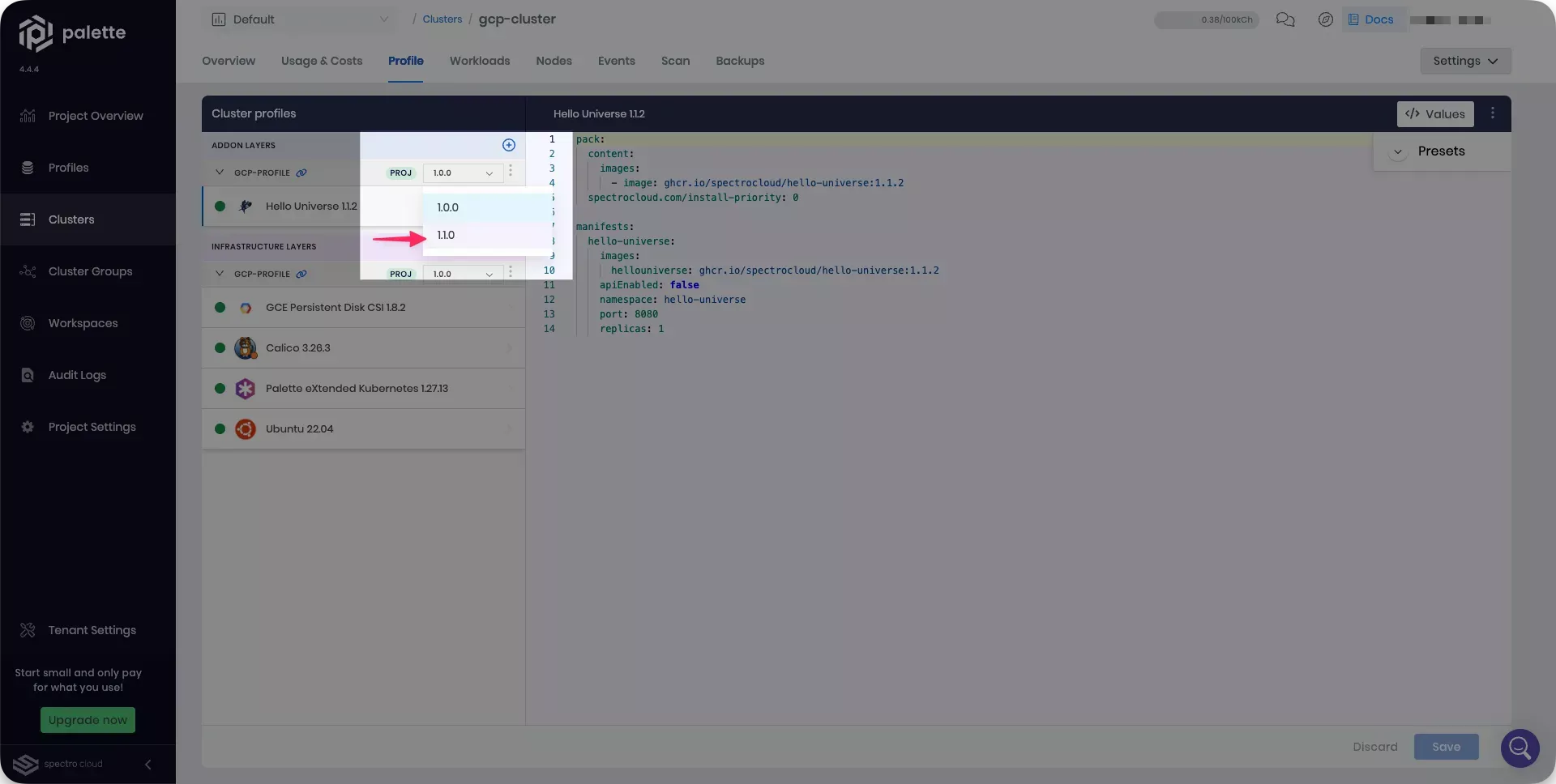 Image that shows how to select a new profile version for the cluster