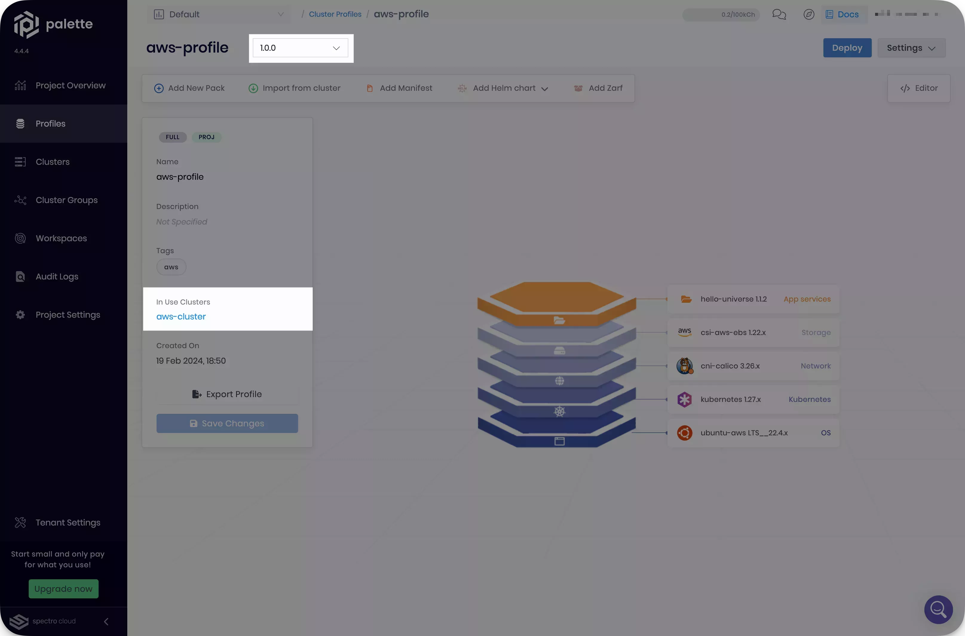 Image that shows the frontend cluster profile with cluster linked to it