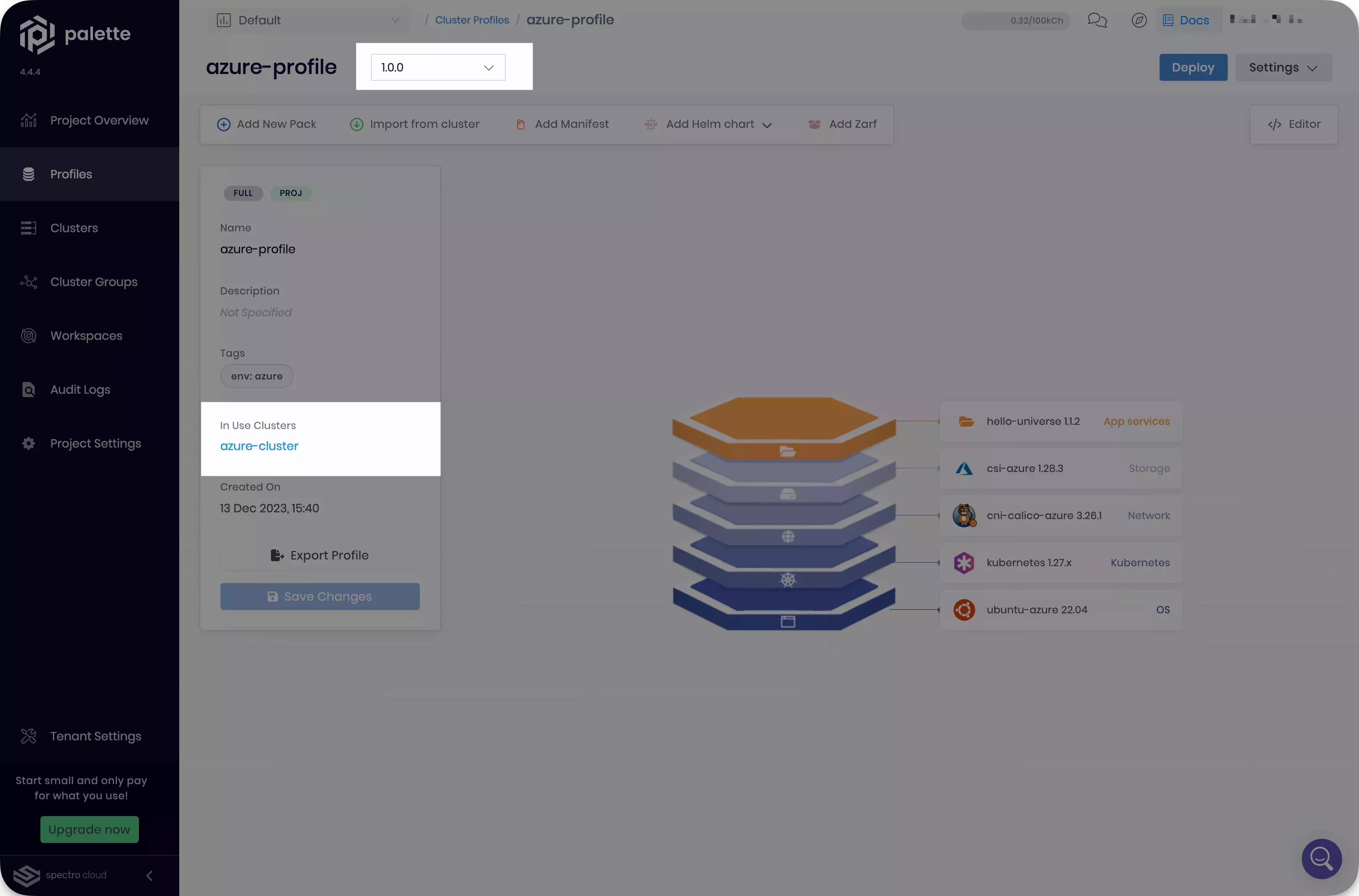 Image that shows the frontend cluster profile with cluster linked to it