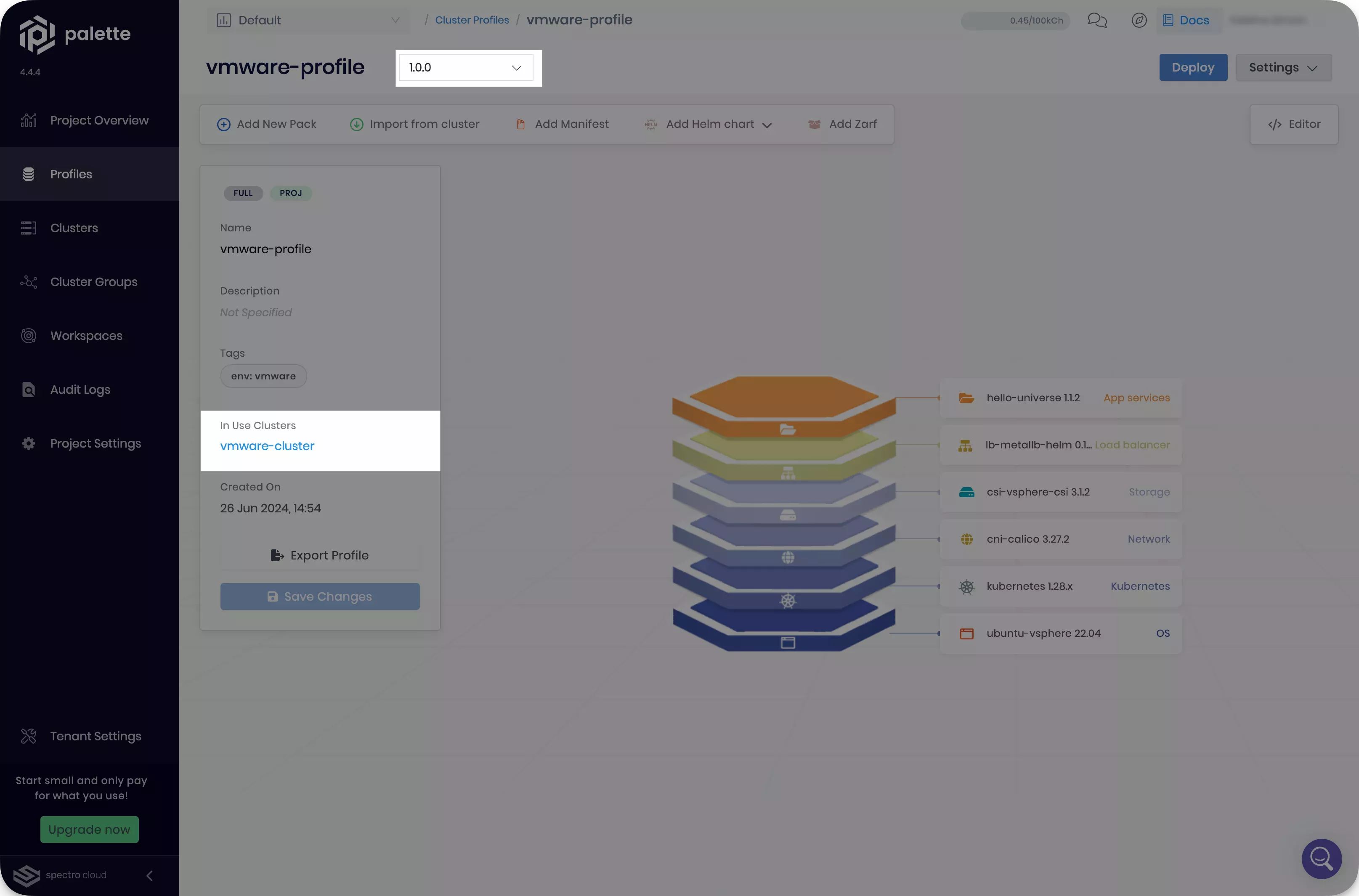 Image that shows the frontend cluster profile with cluster linked to it