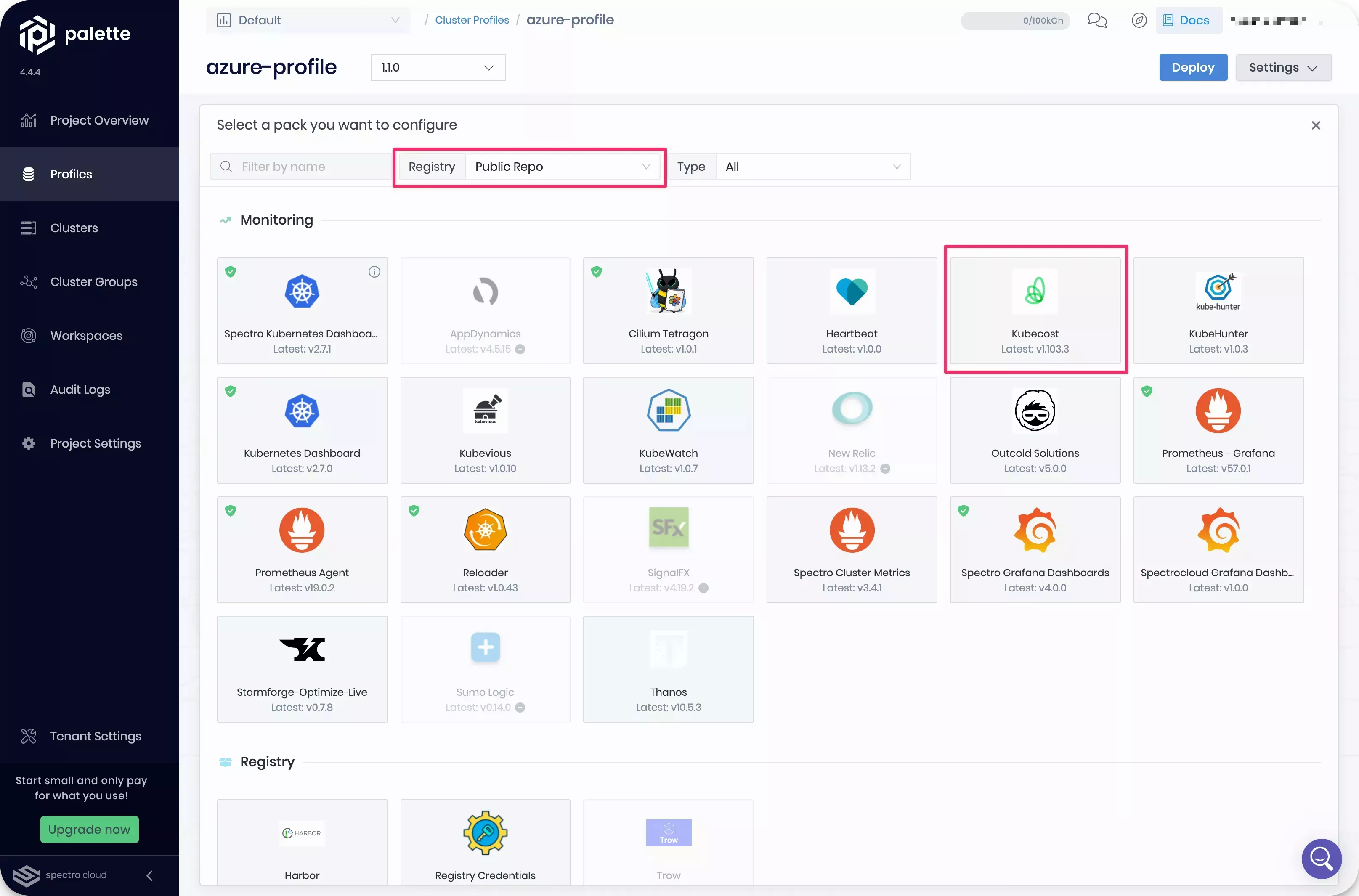 Image that shows how to select the Kubecost pack