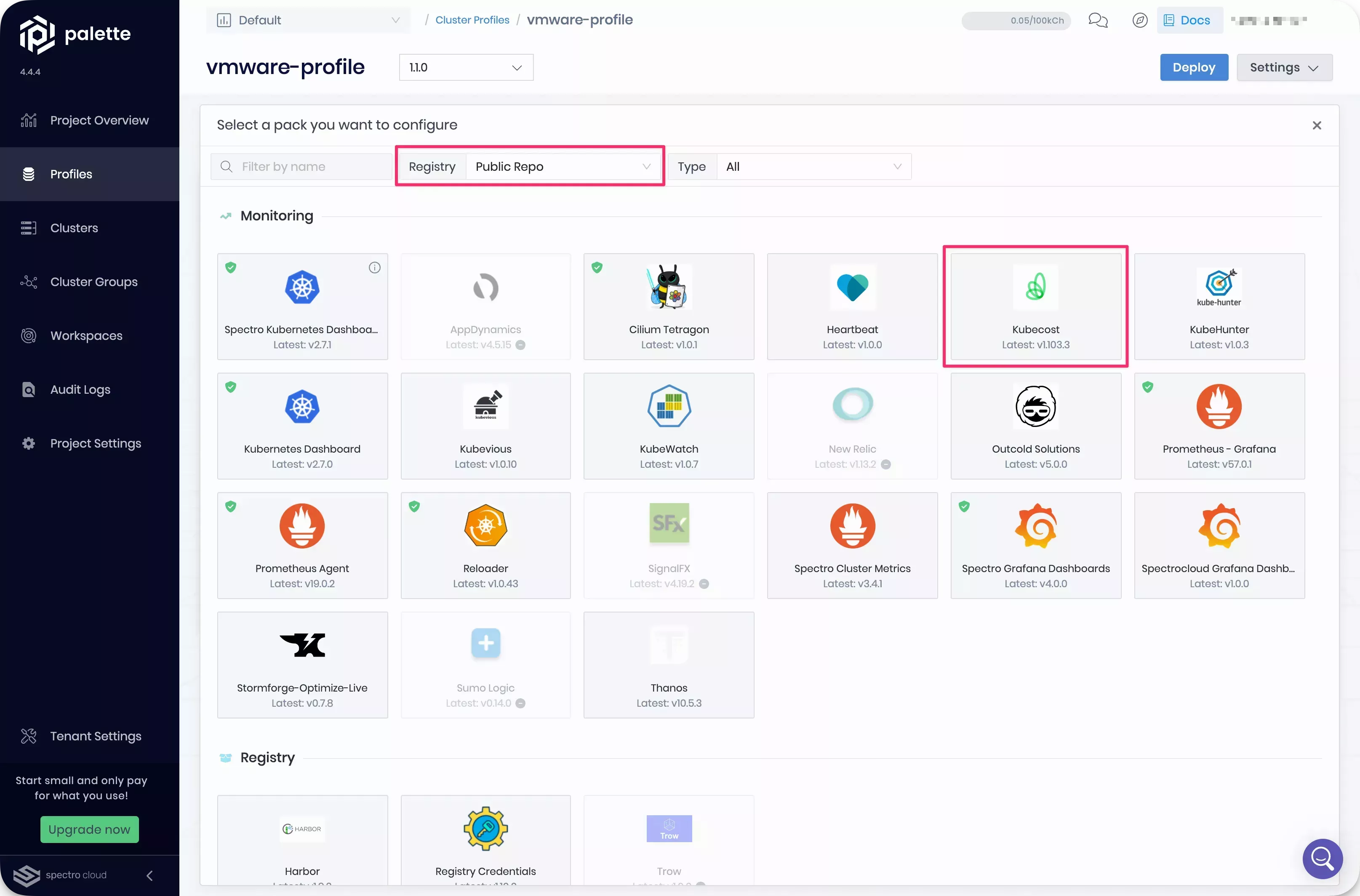 Image that shows how to select the Kubecost pack