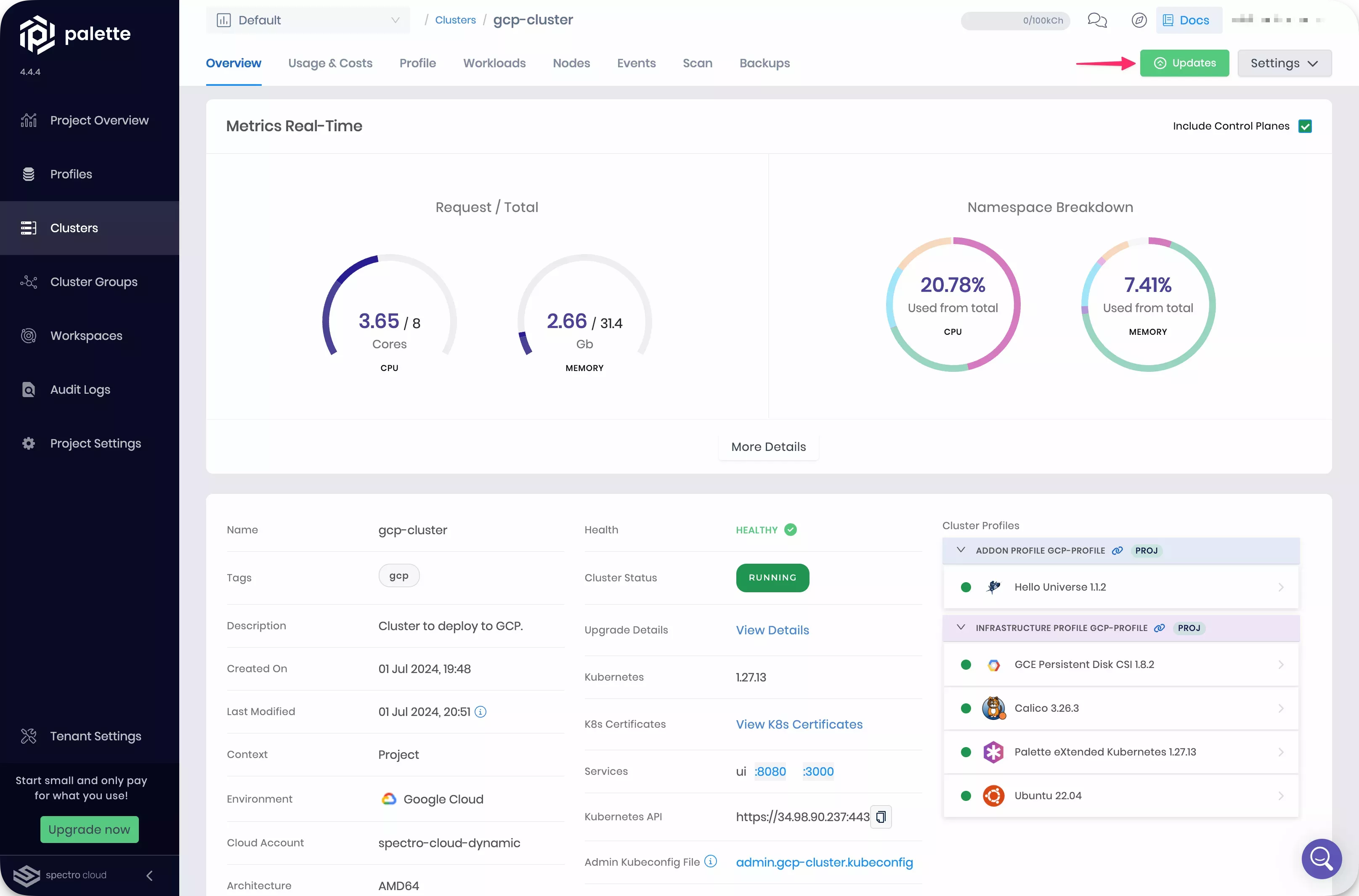 Image that shows the Updates button